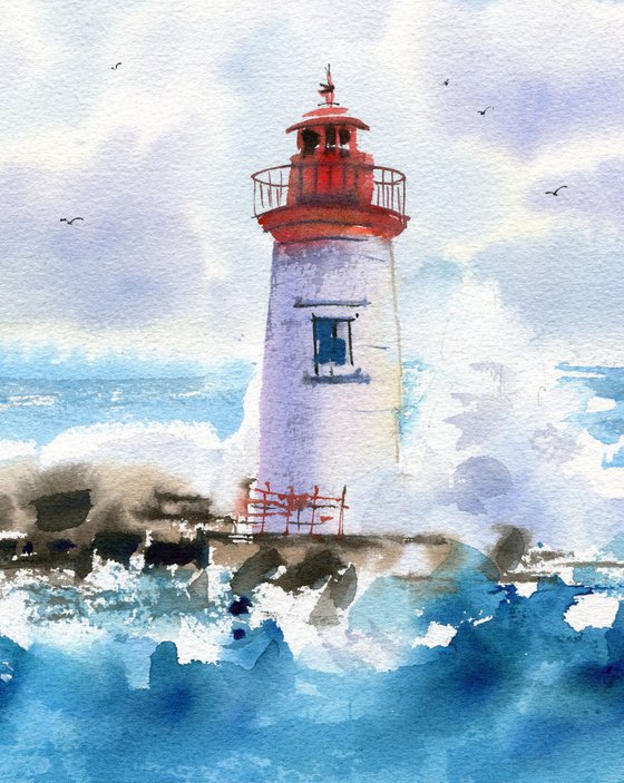 Lighthouse in the storm original watercolor painting with sea , waves, decor for living room, gift for mom