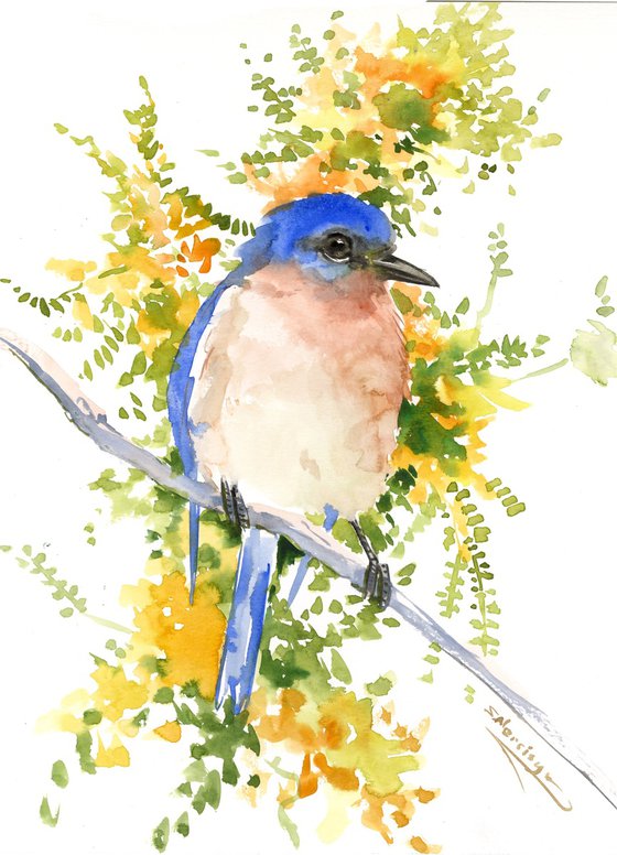 Bluebird and Spring Flowers