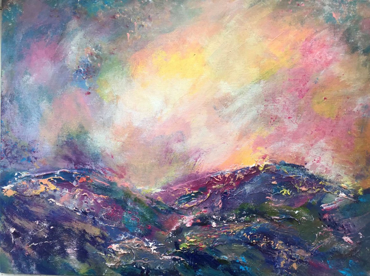 Abstract Landscape Acrylic Painting By Tetiana Pchelnykova, 16 X 12", Dawn Over Peaks, Original Artwork