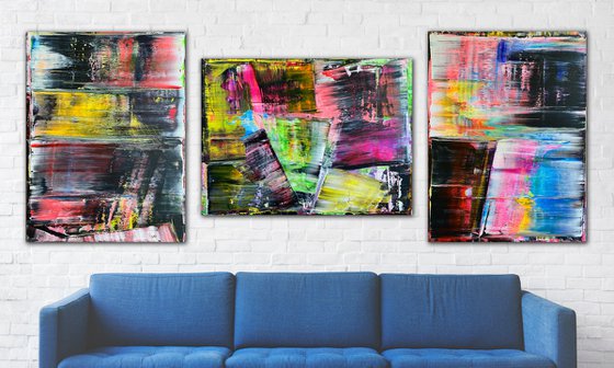 "We're All Mad Here" - Save As A Series - Original PMS Large Abstract Acrylic Painting Triptych On Canvas - 100" x 40"