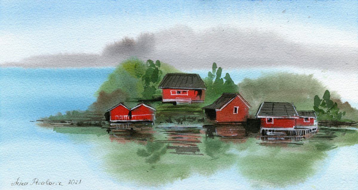 Red village at the lake original watercolor artwork bright, green, red, blue sky by Irina Povaliaeva