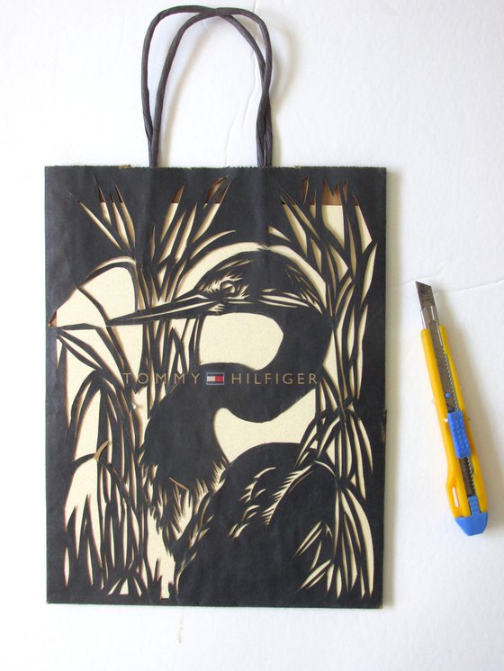 blue heron papercut on shopping bag