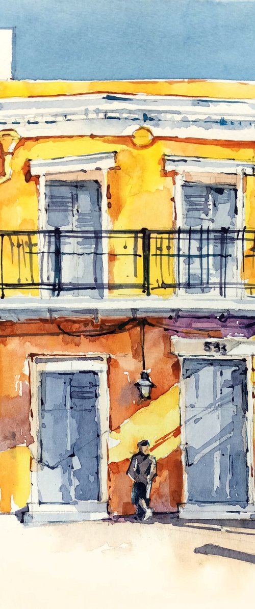 "Bright yellow house" watercolor sketch original illustration by Ksenia Selianko