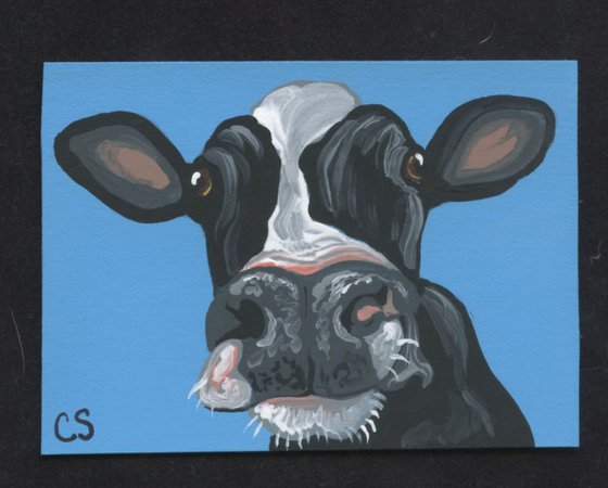 ACEO ATC Original Painting Black White Cow Farmyard Art-Carla Smale