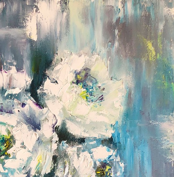 COLD HEART - Blue. Abstract flowers. Lush peonies. Bouquet. White. Freezing. Haze.