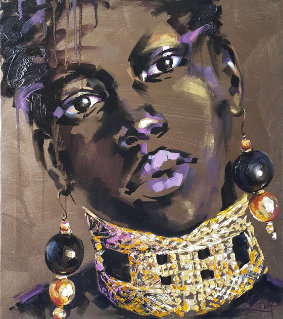 Female portrait of a black girl with gold jewelry on her neck, abstract woman portrait, oil original