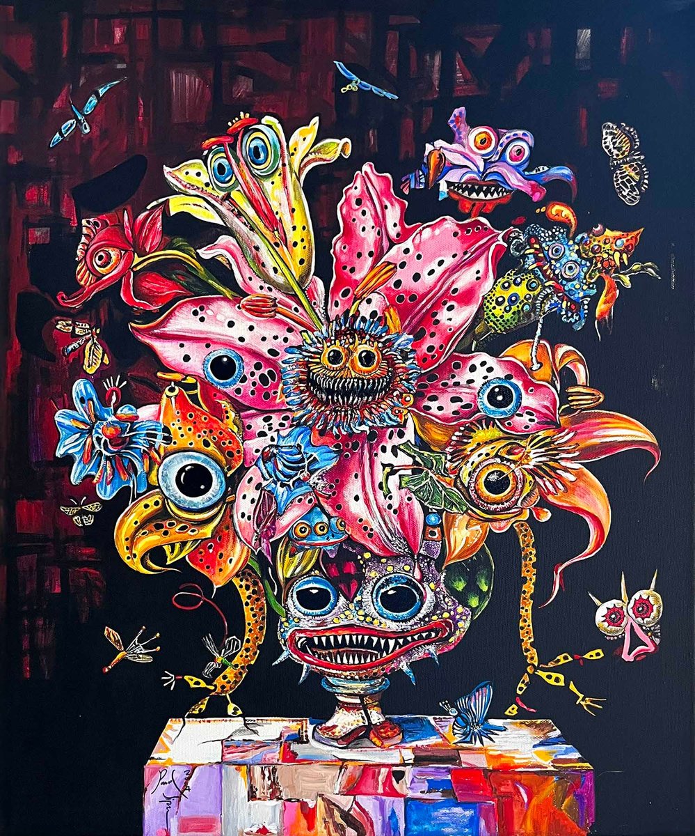 Surrealistic Botanical Acrylic Painting By Pavs, 20 X 24", Monster Flowers, Original Artwork