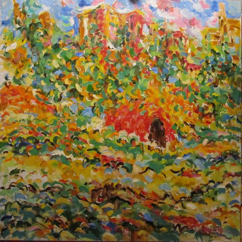 MONTMARTRE VINEYARDS. PARIS - Landscape autumn fall leaves, cityscape, plants, large size, original oil painting, red green, home decor interior art 150x150 by Karakhan