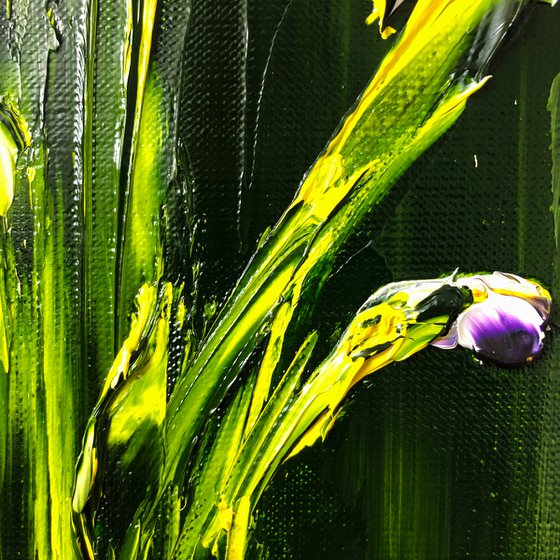 GREEN FANTASY - Iris bud. White flower. Flower composition. Green leaves. Warm summer. Water lily. Lotus.