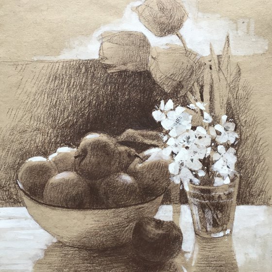 Still life with apple and flowers. Original charcoal drawing
