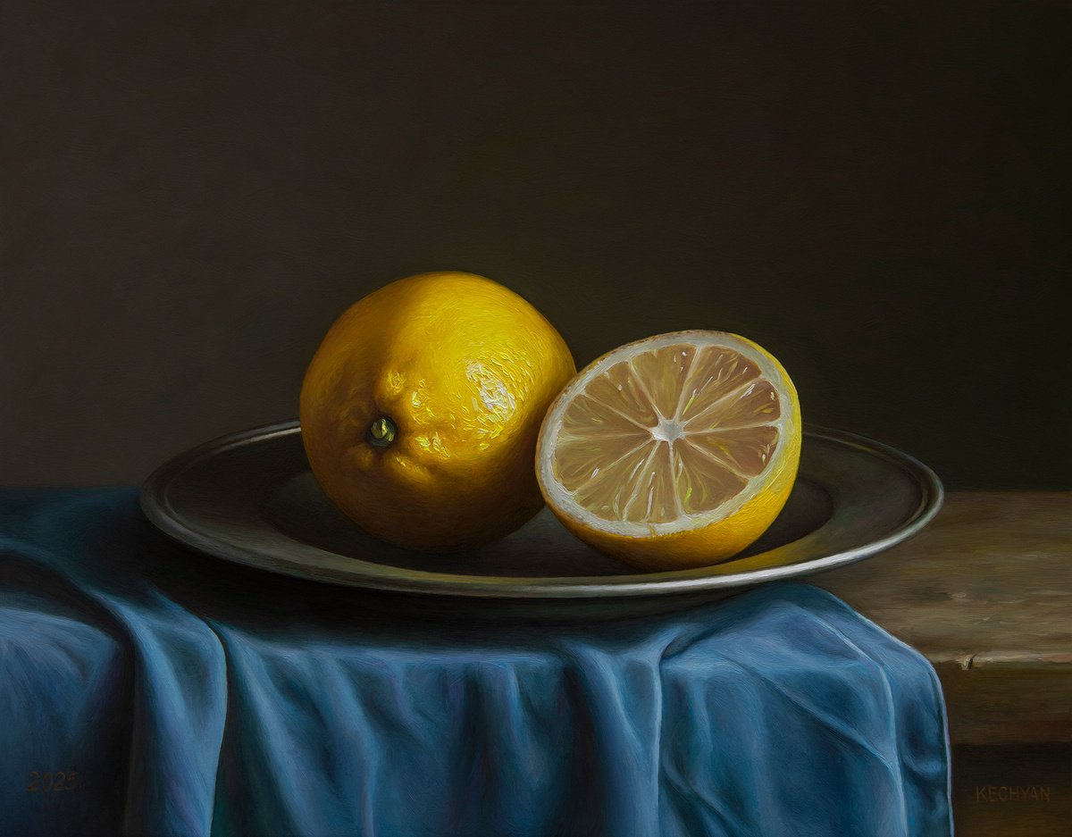 Photorealistic Still Life Oil Painting By Albert Kechyan, 13 X 10, Lemons In A Pewter Plate, Original Artwork