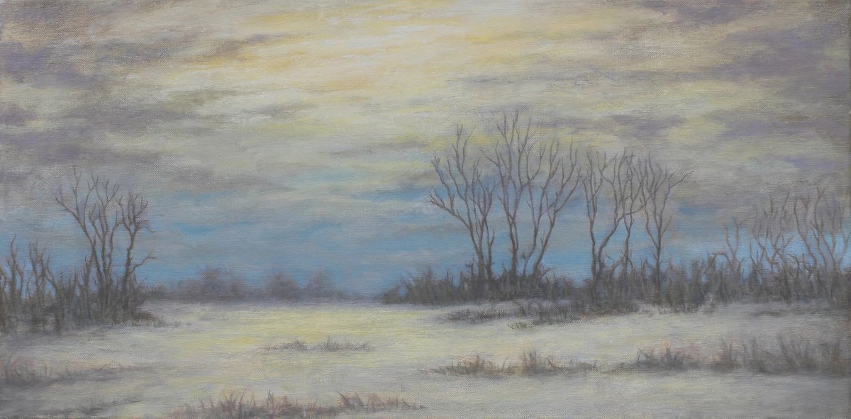 Impressionistic Landscape Oil Painting By John Fleck, 22 X 12, Winter Field, Original Artwork