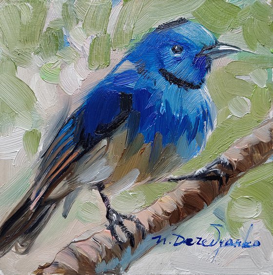 Monarch bird painting original framed 4x4, Blue bird oil small framed art, Bird lovers gift
