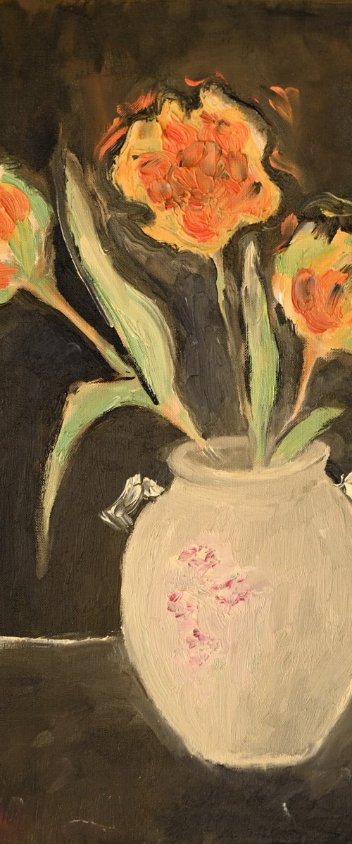 Orange tulips in Chinese vase by Elena Zapassky