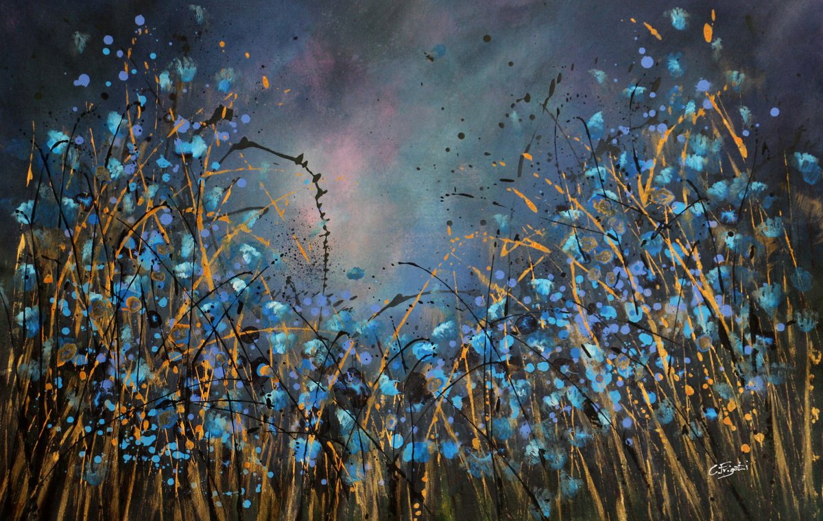 Expressive Botanical Acrylic Painting By Cecilia Frigati, 43 X 28, Zaffiro, Original Artwork