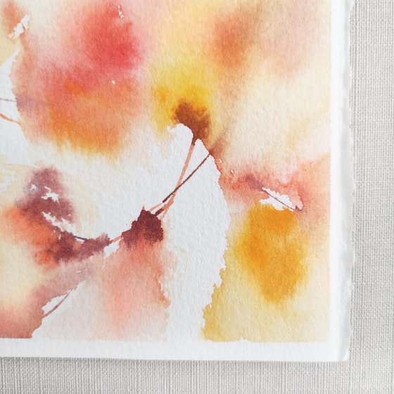 Yellow abstract flowers, small watercolor painting