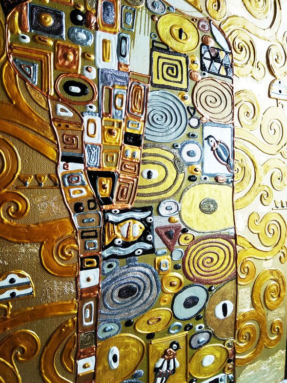 Tree of life Gustav Klimt. Relief golden 3 pieces horizontal large painting