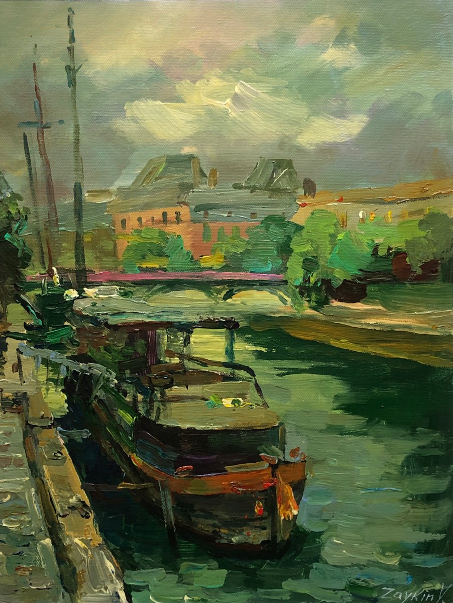 Impressionistic Cityscapes Oil Painting By Viacheslav Zaykin, 11 X 16", Paris. Boats On The Seine., Original Artwork