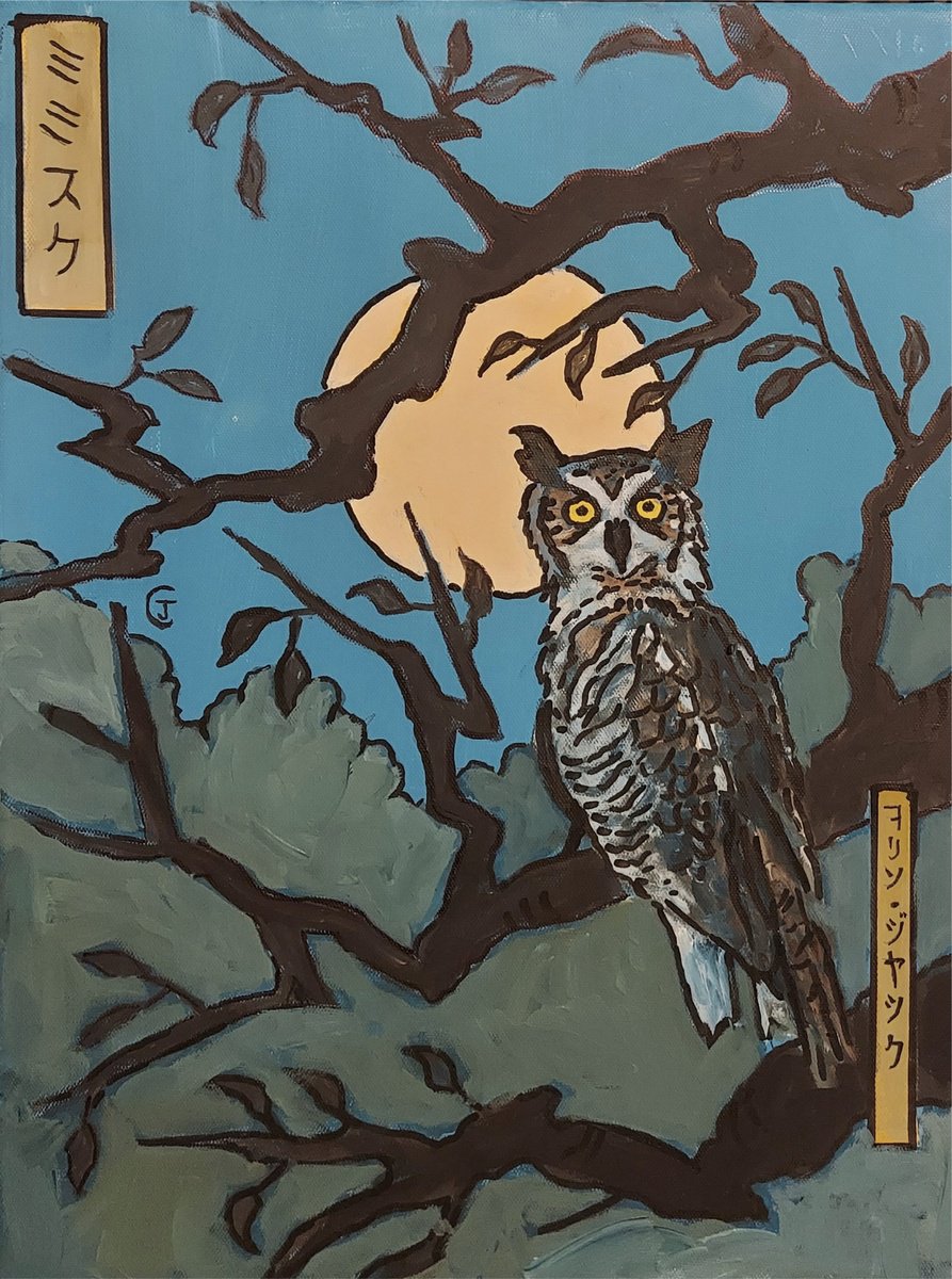Animal Acrylic Painting By Colin Ross Jack, 12 X 16, Horned Owl In Tree, Original Artwork