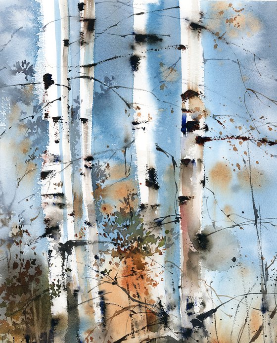 Birch Forest Landscape Nature Watercolor Painting, Trees Painting