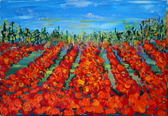 Poppies Field - Palette knife  Modern abstract landscape Gift idea