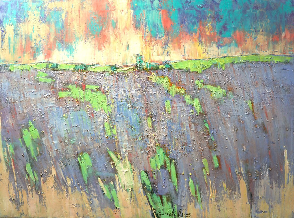 Impressionistic Landscape Oil Painting By Anastasiia Kraineva (Masniuk), 37 X 28, Lavender Breeze, Original Artwork