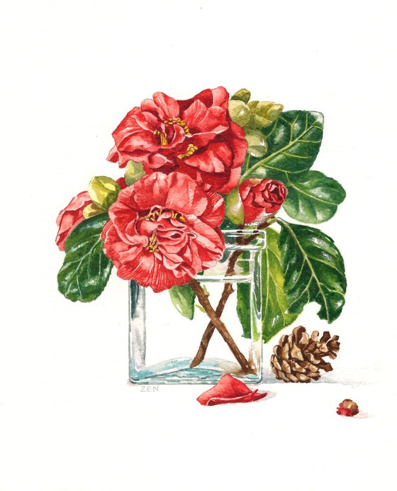 Camellias and Fir Cone