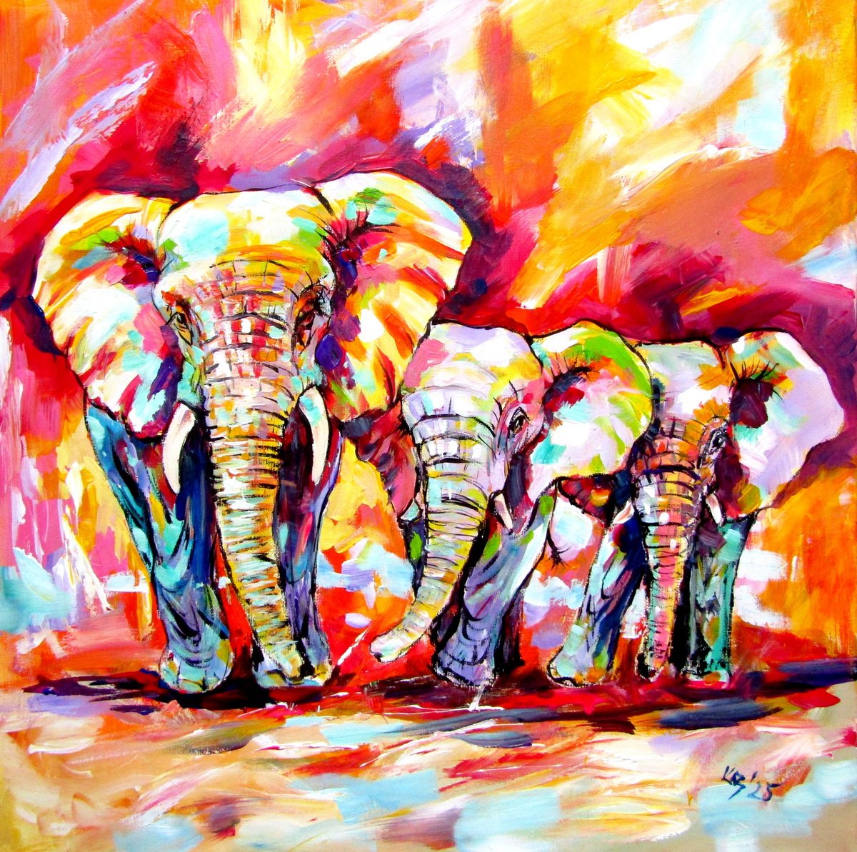 Impressionistic Animal Acrylic Painting By Kovacs Anna Brigitta, 20 X 20", Walking Majestic Elephants, Original Artwork