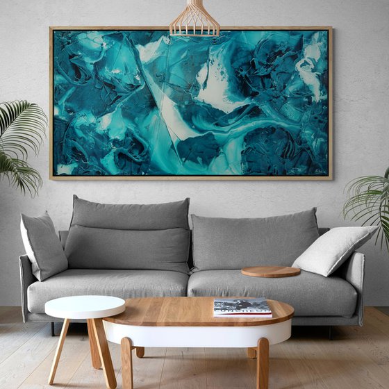 Southern Swell 190cm x 100cm Teal White Textured Abstract Art