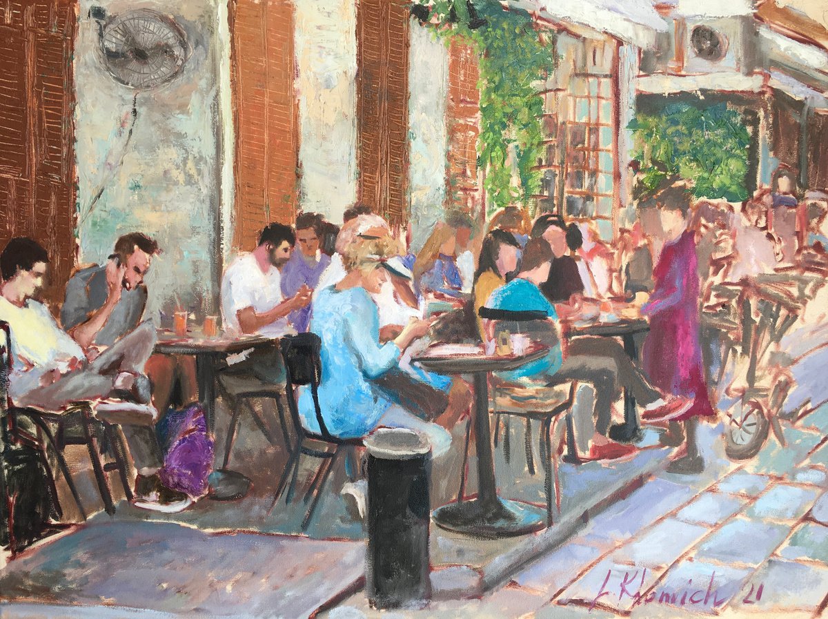 Expressive Cityscapes Oil Painting By Leo Khomich, 32 X 24", South Tel Aviv Rodshild Cafe, Original Artwork