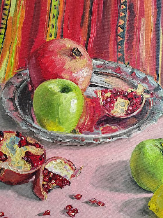 Lemon, apple and pomegranate fruit still life original oil painting 16x20''