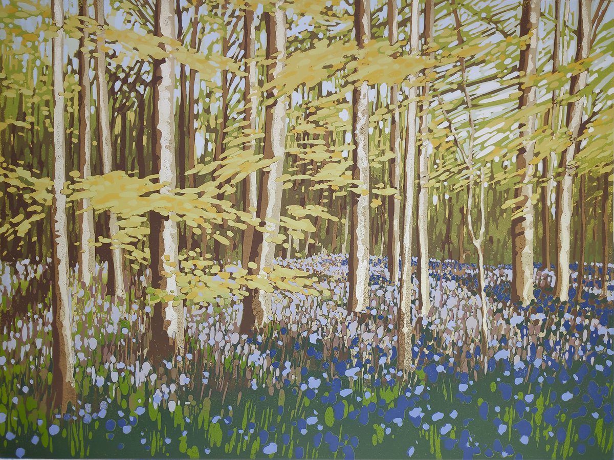 Impressionistic Landscape Linocut By Alexandra Buckle, 18 X 14, Bluebell Arrival, Original Artwork