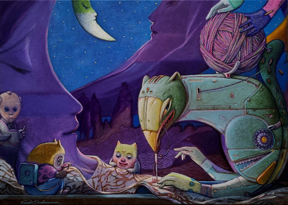 Surrealistic Animal Painting By Carlo Salomoni, 28 X 20, The Tailors Of The Moons, Original Artwork