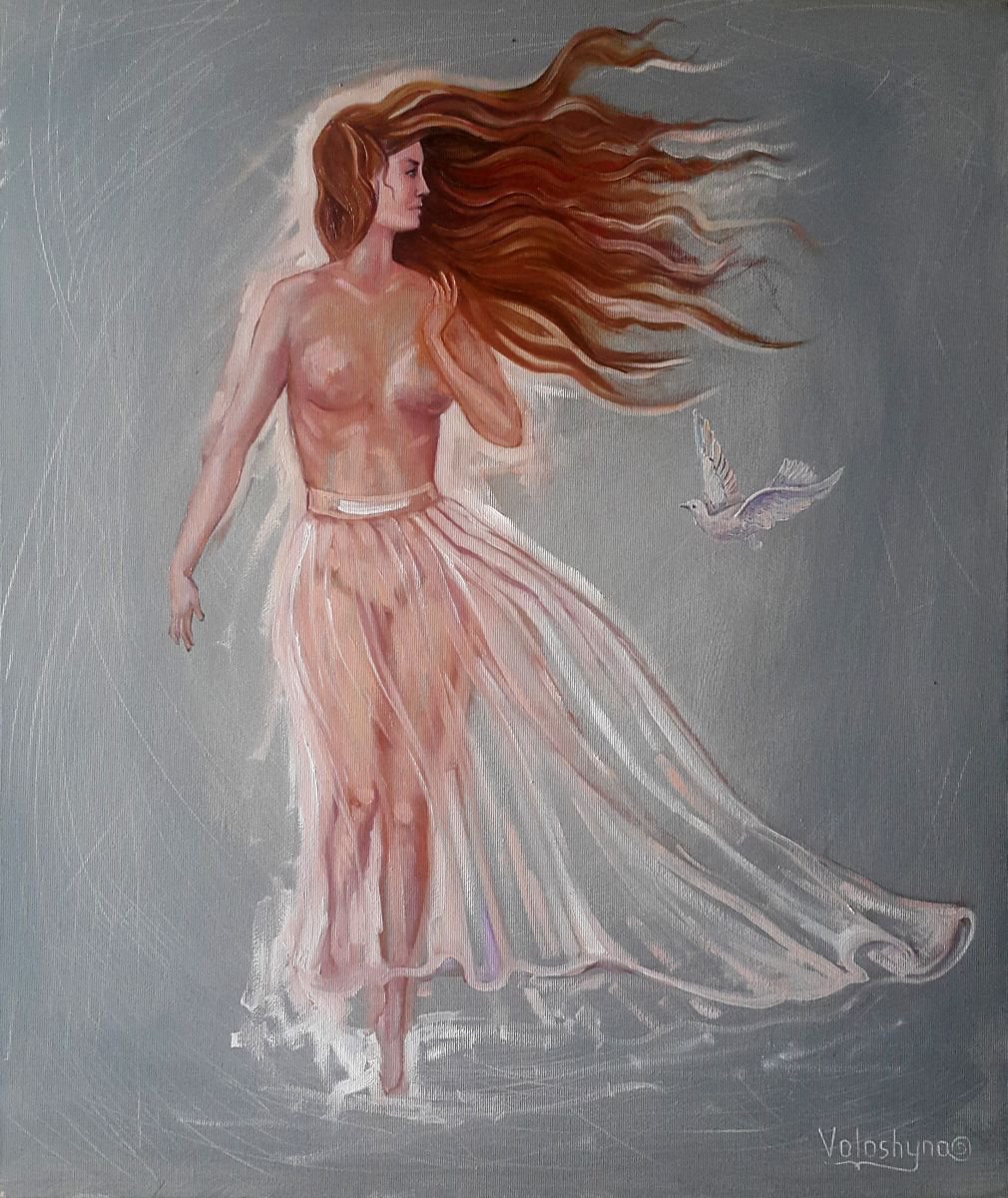 Impressionistic Portrait Oil Painting By Mary Voloshyna, 20 X 24", Girl And Bird, Original Artwork