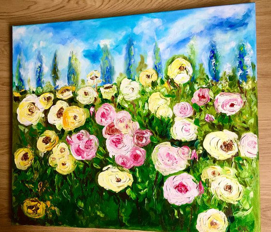 WHITE PINK YELLOW  ROSES landscape with  cypress trees palette  knife modern still life  flowers office home decor gift