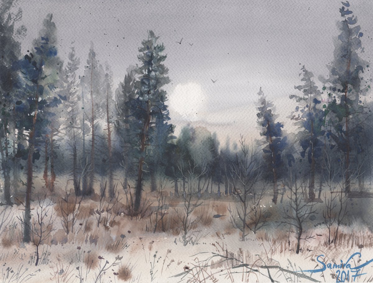 Snow Art Original Watercolor, Winter Landscape painting by 🇺🇦 Samira Yanushkova