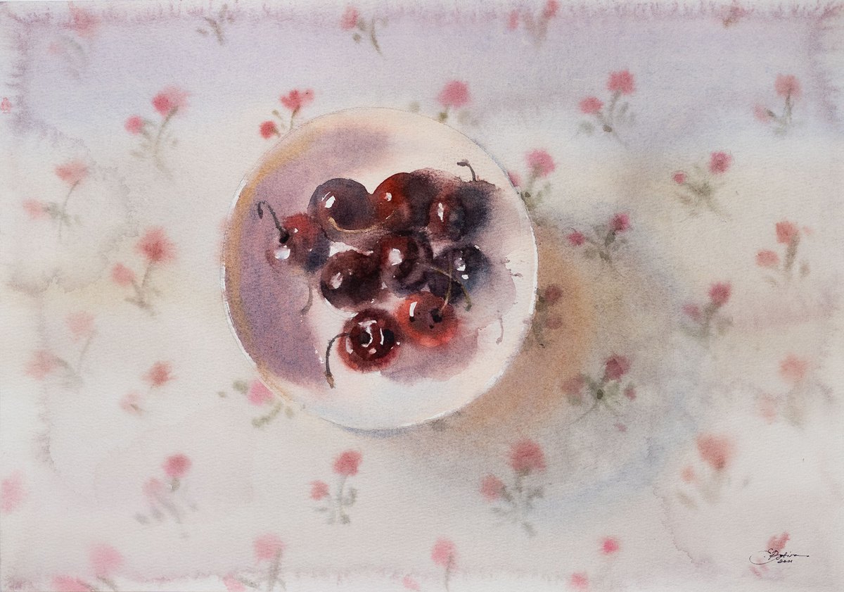 Still life with cherries Original watercolor painting by Ekaterina Pytina