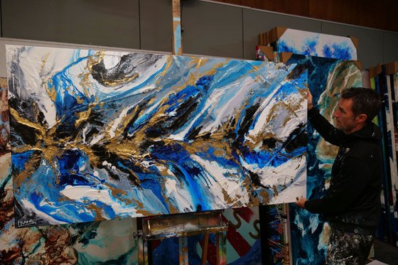 Golden Blue Silk 190cm x 100cm Blue Gold Abstract Art