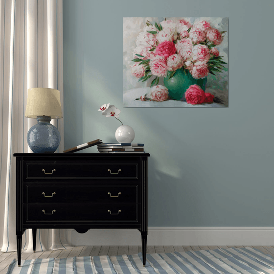 Large floral oil painting original of peony flowers in vase