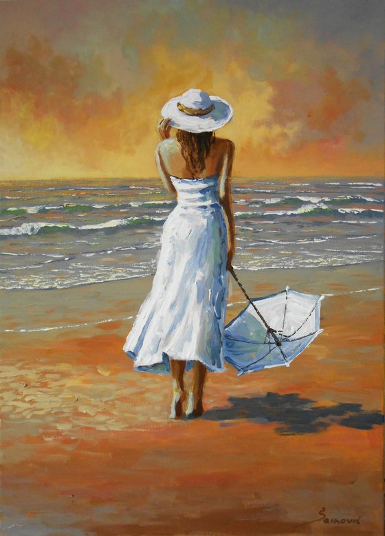Lady in white, sea scene, girl on beach, modern painting
