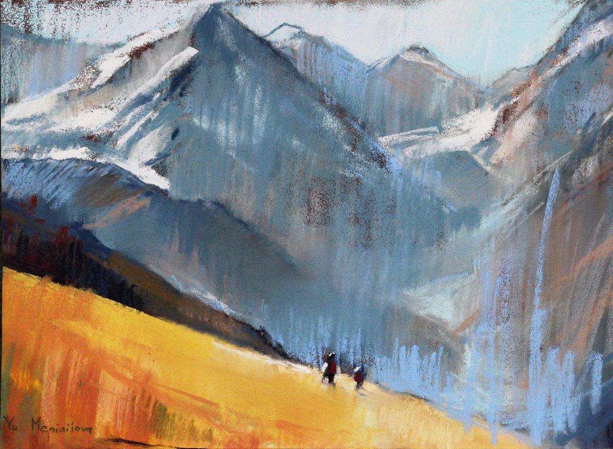 Mountains - Landscape - Climbers - Pastel drawing by Yuliia Meniailova