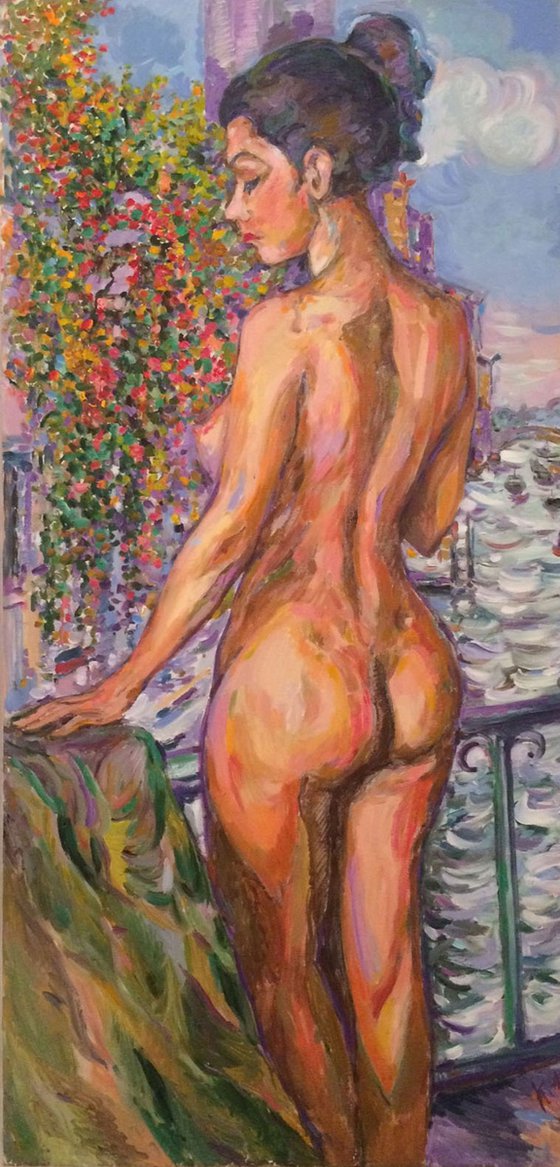 NUDE ON A BALCONY IN VENICE - nude art, original painting, oil on canvas, erotic, large size 170x84
