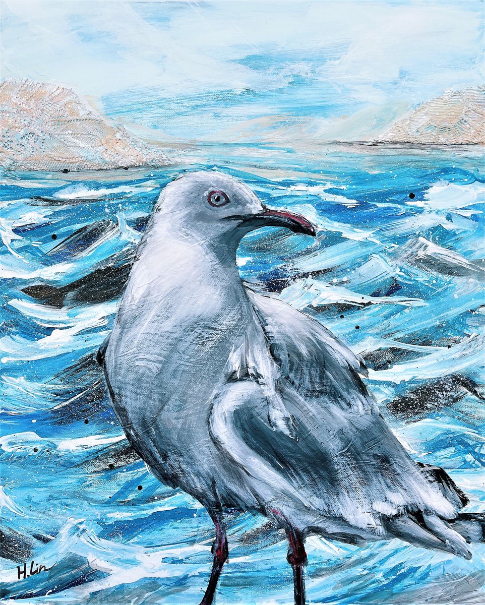Expressive Animal Acrylic Painting By Hsin Lin, 16 X 20, Beach Patrol - Seagull, Original Artwork