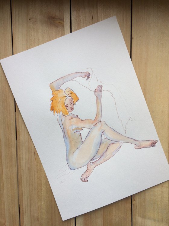 Female nude drawing - Seated ginger woman watercolor - Sensual figure study mixed media (2021)