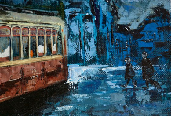 Cityscape oil painting - Tram in Porto impasto painting - Art for living room - Gift idea