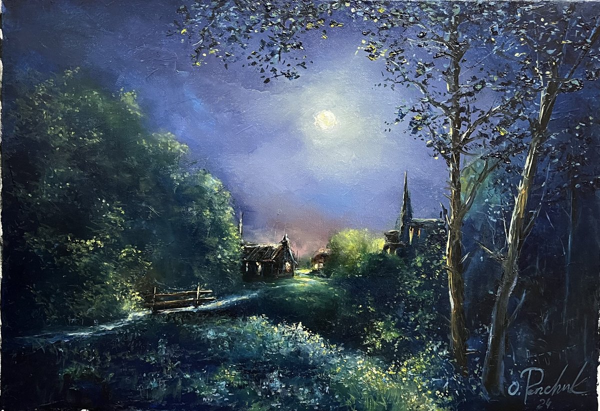 Impressionistic Landscape Oil Painting By Oleg Panchuk, 23 X 17", Whispers Of The Moonlit Valley, Original Artwork