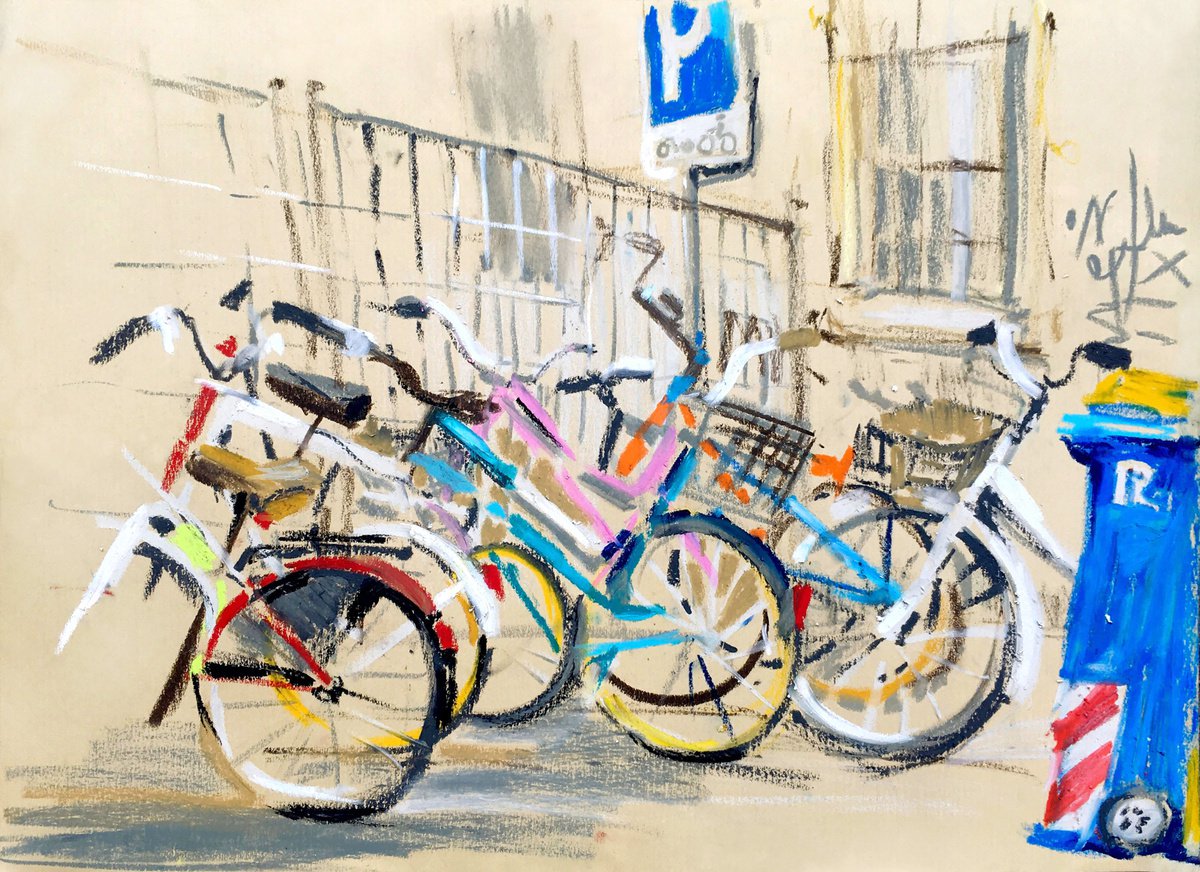 Impressionistic Pastel Drawing , Italian Bicycles, Treviso By Elena Yuzefovich, 16 X 12, Artwork For Sale On Artfinder