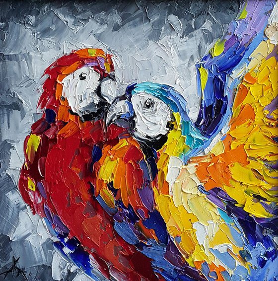 When i with you - bird, parrots, gift, love, birds love, parrots art, animals, oil painting