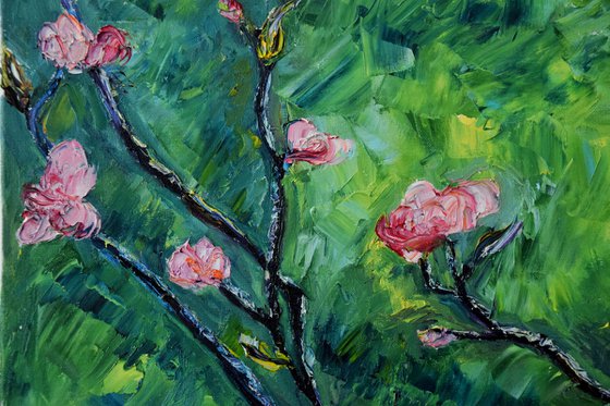 Spring flowers oil painting on canvas, pink flower, green wall art