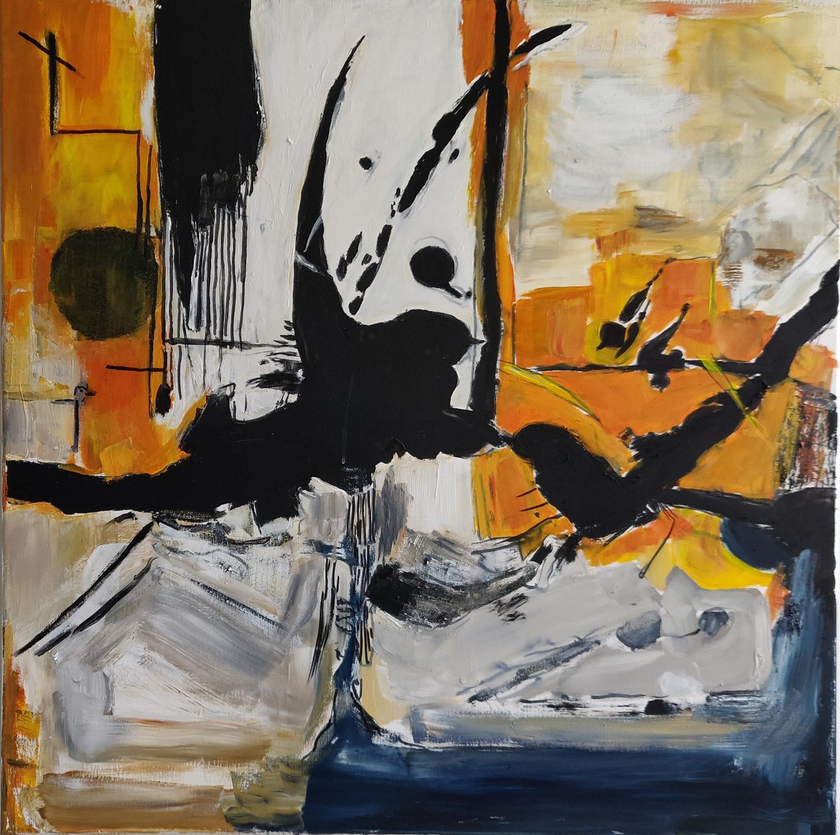 Abstract Acrylic Painting By Sylvie Dodin, 39 X 39", Birds, Original Artwork